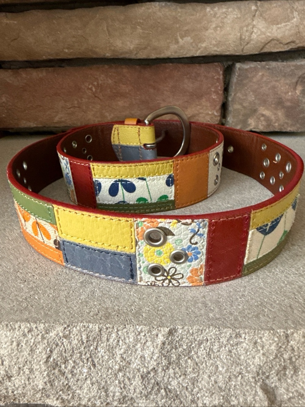 Fossil Multicolor Floral Patchwork Rivet Belt Colorful Silver Buckle Size Large